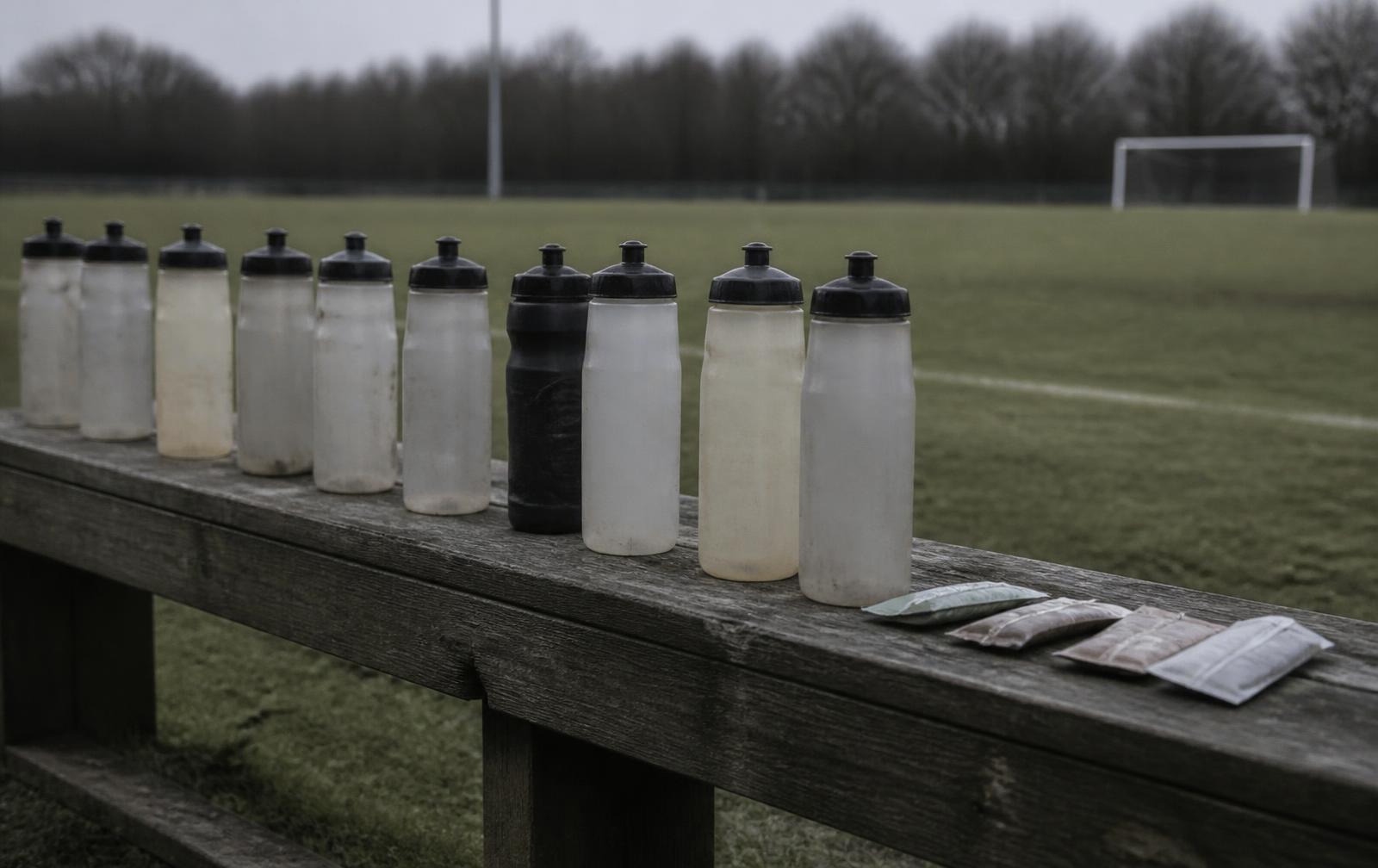Water bottles and electrolyte sachets lined up on a bench beside a football pitch