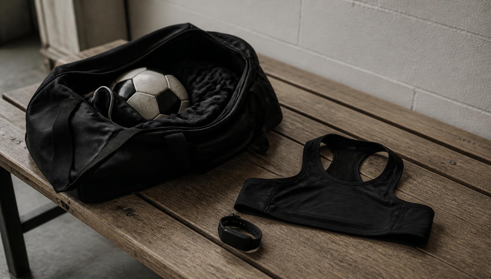 Football kit bag, GPS tracking vest and a wearable strap on a changing room bench