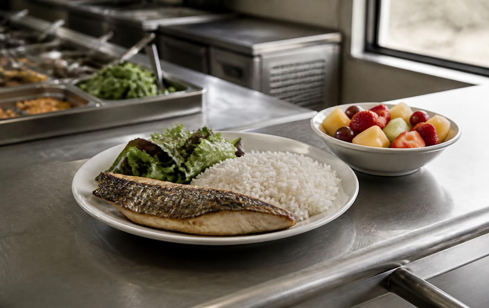 Post-training meal of rice, grilled sea bass and fruit on a training ground counter