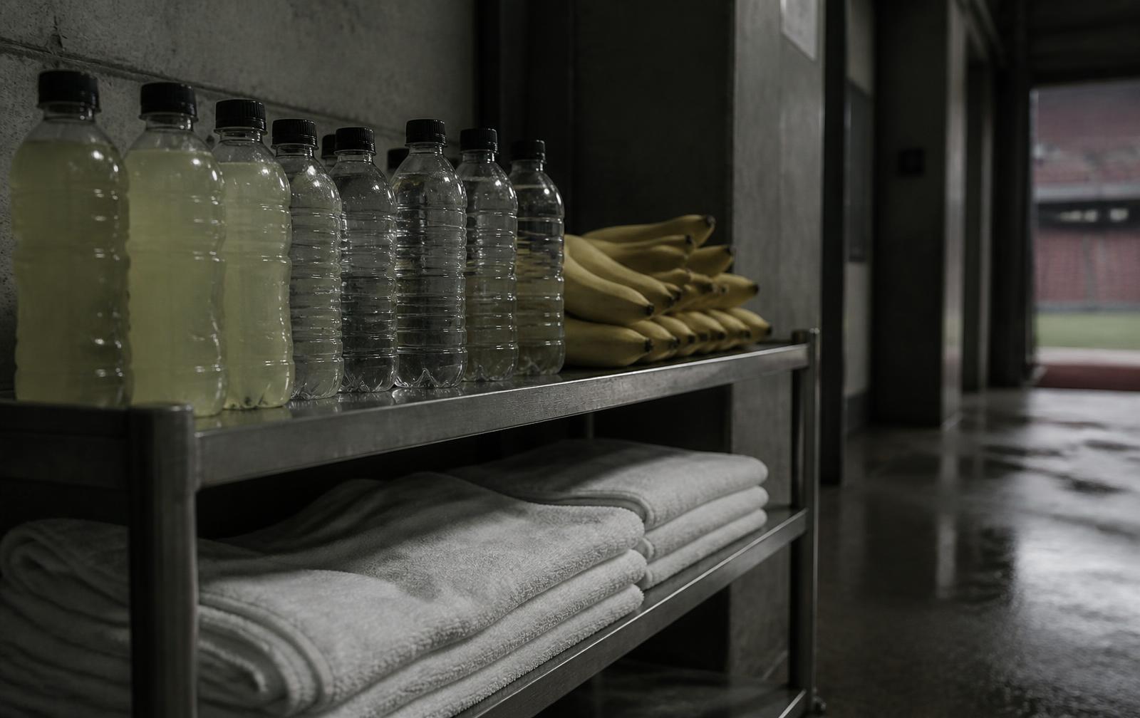 Post-match recovery shelf with drinks, bananas and towels in a stadium tunnel